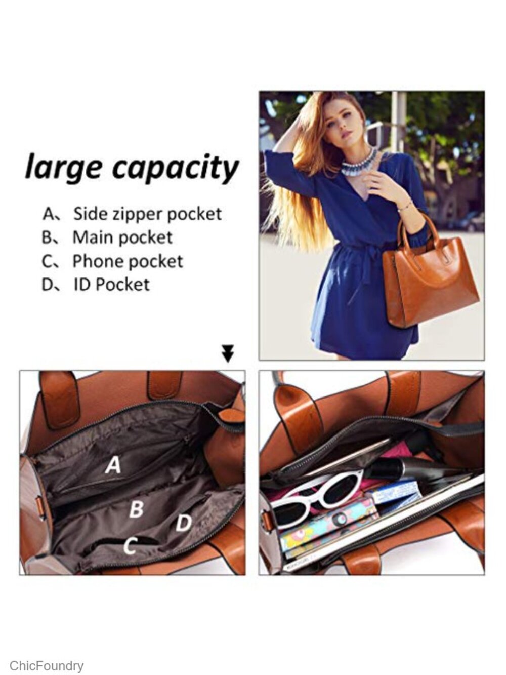 Large Faux Leather Tote Bag, Work Shoulder Purse with Zipper Closure and - Picture 4 of 6